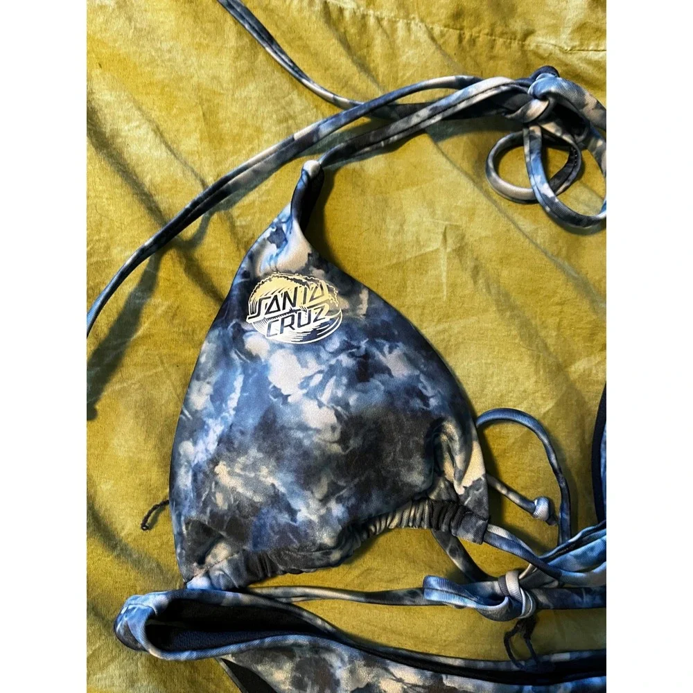 Santa Cruz Wave Dot Blue Tie Dye High Leg Triangle Halter Two Piece Bikini Sz SM